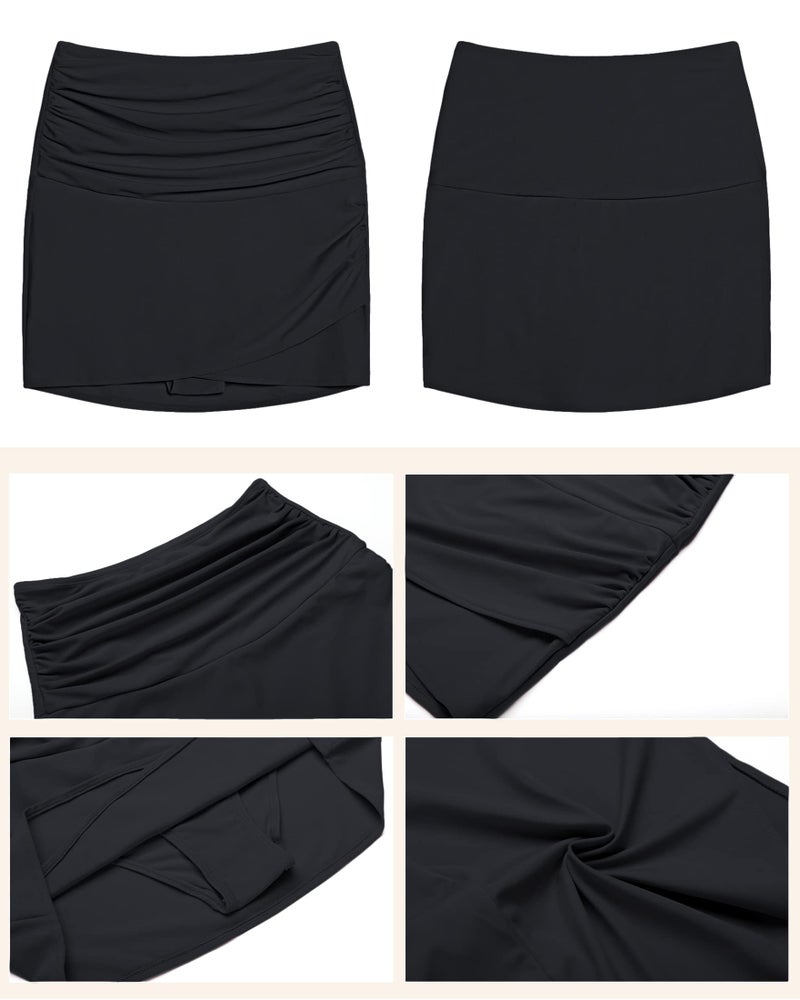 luvamia Women Ruched High Waisted Swimsuit Bottoms Bikini Tankini Bottoms Tulip Hem Swim Skirt with Brief Solid Black Size XX-Large (Fits US 20-22) - Image 5